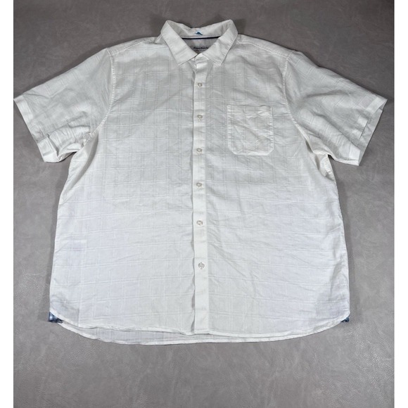 Tommy Bahama Linen Shirt Size XXL White Hawaiian Short Sleeve Pocket Shirt - Picture 2 of 10